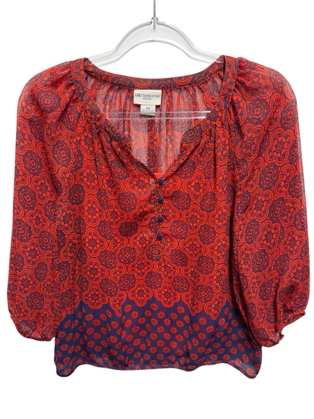 Chiffon Silky Knit French Paisley Mosaic Art Portofino Semi Sheer Shirt Blouse